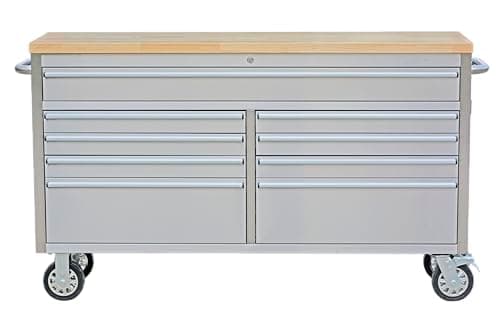 IDEALHOUSE 61 inch Rolling Tool Chest, Garage Workbench with 9 Drawers, Solid Rubber Wood Top & with Wheels Lock Key Locking, Mobile Workstation Tool Cabinet for Workshop Storage