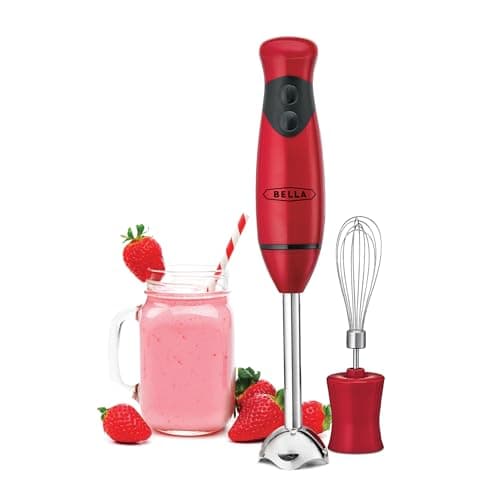 BELLA 2-Speed Hand Immersion Blender with Whisk Attachment, 250 Watt, Red, Immersion Blender with Dishwasher Safe Whisk & Blending Attachments for Food Prep (14460)