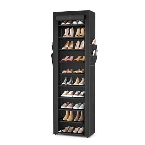 VTRIN Vertical Narrow Shoe Rack Organizer 10 Tier Tall Shoe Shelf Holds 20-22 Pairs with Non-Woven Dustproof Cover for Closet, Entryway Black