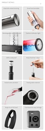 Electric Wine Opener Set (6-in-1) Include: Rechargeable Electric Wine Opener, Foil Cutter, Tulip Wine Aerator & Pourer, Wine Stopper*2, Charging Base & Cable, Manual Book, Color Box. 10