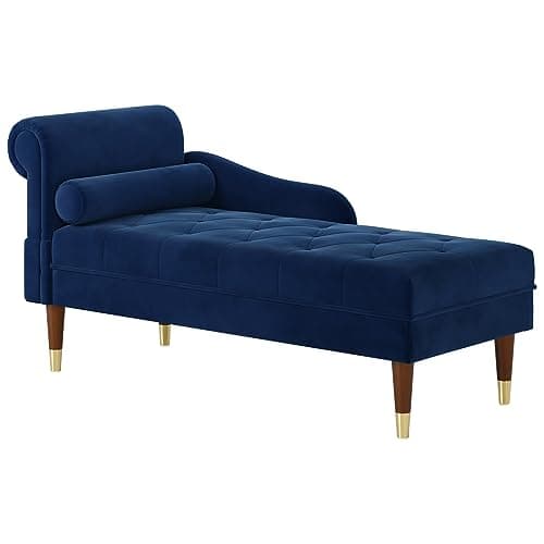 Vesgantti 59" Velvet Chaise Lounge Indoor,Upholstered Furniture Lounge Chair with Left Armrest & Lumbar Pillow, Button Tufted Lounge Sofa for Living Room Bedroom Office,Tool-Free Assembly(Blue)