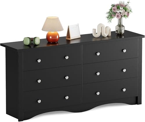 Flamaker 6 Drawer Dresser Chests for Bedroom, Storage Dressers Organizer with Anti-Tilt Devices, Modern Wide Wood Chest of Drawers for Living Room Hallway Entryway (Black)