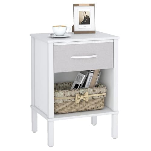 YAUKOMEL White Nightstand, Small End Table with Fabric Drawer, Bed Side Table, End Table, Modern Nightstand for Living Room,Bedroom,Small Space,White CTG68WB