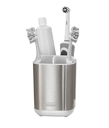 Joseph Joseph EasyStore Stainless-Steel Toothbrush Holder Bathroom Storage Countertop Organizer Caddy, Small