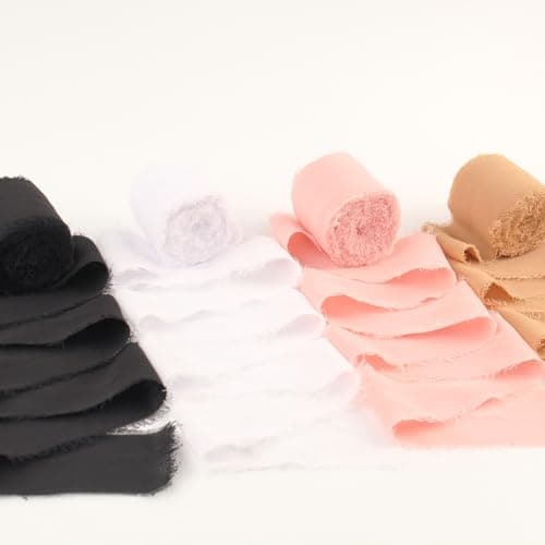 letech+ Handmade Fringe Chiffon Silk Ribbon 4 Rolls, 1.5 Inch X 7 Yard Frayed Chiffon Ribbons Set for Gift Box Wrapping, Wedding Invitations, Flower Bouquet, DIY Crafts (Four-Coloured)