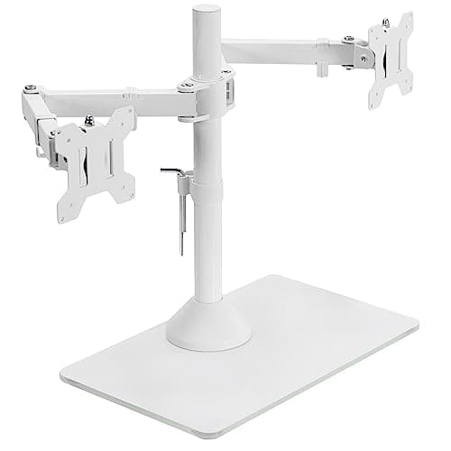 VIVO Freestanding Dual Monitor Stand with Sleek Glass Base and Adjustable Arms, Mounts 2 Screens up to 32 inch and 22 lbs Each, White, STAND-V002FGW