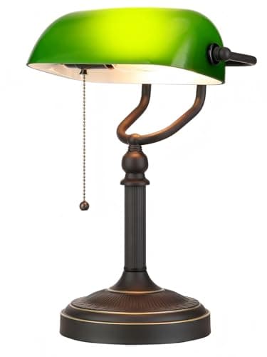 Newrays Antique Green Glass Bankers Desk Lamp with Pull Chain Switch Plug in Fixture