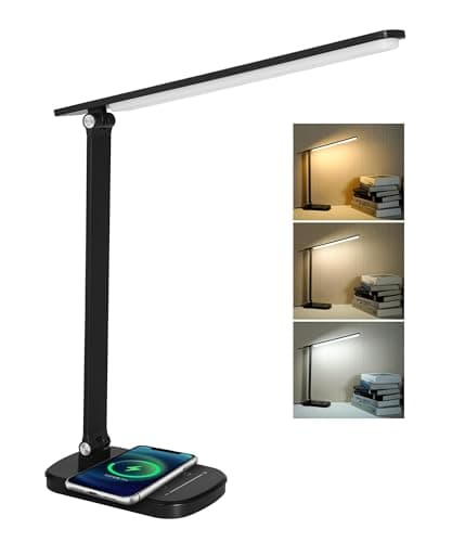 Faithorse LED Desk Lamp with Wireless Charger, 21W Touch Control Dimmable Lamp, 900LM, 5 Brightness and 3 Color Modes, Powered via DC Charging Cable (Black)