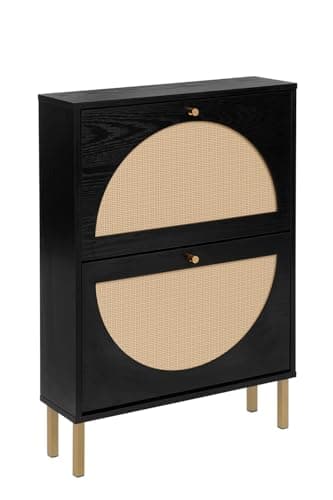 ZeHuoGe Rattan Shoe Cabinet with 2 Flip Drawers, Black Free Standing Storage Racks, Narrow Hidden Shoe Organizers Entrance Hallway for Heels, Slippers (Black)