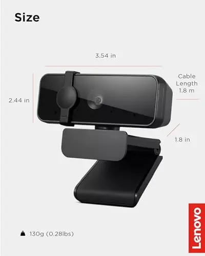 Lenovo Essential Full HD 1080P Webcam, Dual Microphone, No Driver 1.8m USB 2.0, Wide-Angle, Tilt-Control, 360-Degree Rotation, Black 7