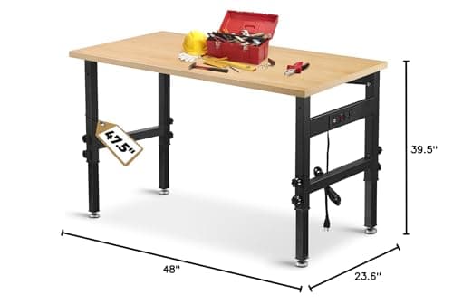 48" Adjustable Work Bench Garage Workbench with Power Outlets, 2200 Lbs Capacity Hardwood Top Work Bench Table Heavy-Duty Workbench for Garage, Workshop, Office, Home 8