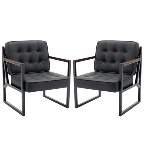 COLAMY Mid Century Modern Accent Chair Set of 2, Comfy Living Room Chair, Black Leather Accent Chair, Faux Leather Reception Armchair with Metal Legs for Living Room Bedroom Reception Office, Black 9