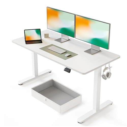 FEZIBO 63 x 24 Inches Standing Desk with Drawer, Adjustable Height Electric Stand up Desk with Storage, Sit Stand Home Office Desk, Ergonomic Computer Desk, White