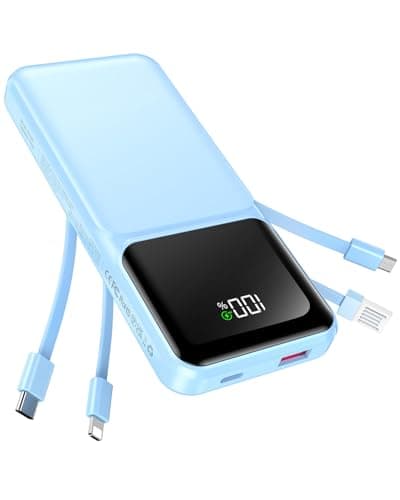 RONEGN Portable Charger with Built in Cable -20000mAh Fast Charging Power Bank USB C Slim 22.5W LED Display Battery Pack 5 Outputs & 3 Inputs for Travel Essentials iPhone Samsung Phones Sky Blue
