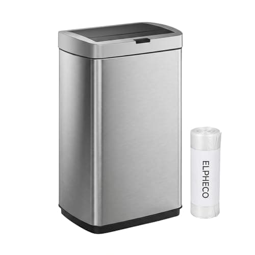ELPHECO 13.2 Gallon Trash Can with Lid Motion Sensor, 50 Litre Brushed Stainless Steel Kitchen Trash Can Automatic with 10 Bags, Upgraded Silent-Closing, Fingerprint-Resistant, Kitchen, Office, Silver