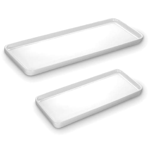 2-Pack Small White Vanity Tray, Ceramic Vanity Trays for Bathroom, Bathroom Trays for Counter (10" & 6" Set of 2)