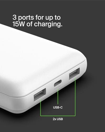 Belkin Portable Charger, USB C Power Bank 20000 mAh w/ 1xUSB-C Port & 2xUSB-A Ports, 15W w/Type-C to Type-A Cable - iPhone 17, Samsung Galaxy S25, Nintendo Switch 2, Google Pixel 10, etc. - White 9