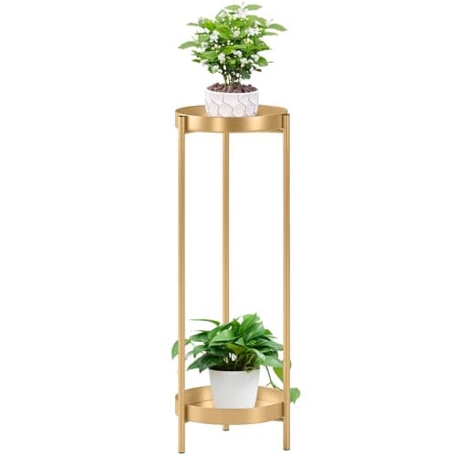 Philodwell Metal Gold Tall Plant Stand Indoor or Outdoor - 30 inch 2 Tier Modern Corner Planter Shelf Rack with 2 Removable Display Shelves(10 inch) for Bedroom Living Room Balcony