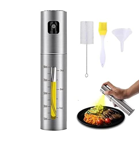 A&J Essentials Oil Sprayer for cooking- 100mL stainless steel, modern, durable, sleek design - Baking, Salad, Grilling, BBQ, Roasting - Oil dispenser is compatible with various cooking oils & juices