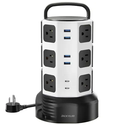 Power Strip Tower Surge Protector, JACKYLED 12 Outlets 6 USB (2 USB C) Charging Station, Extension Cord with Multiple Outlets, 1050J 1625W/13A Outlet Extender 6.5ft Extension Cord for Home Office