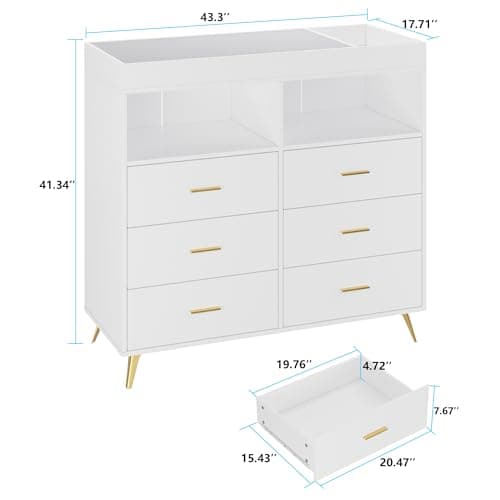 Babevy Baby Changing Table Dresser with LED Lights, Diaper Changing Station Dresser with Changing Table Top, Power Outlet, 6 Storage Drawers, Nursery Organizer for Infants & Newborn, White 7