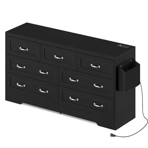 DWVO Farmhouse 7 Drawer Dresser for Bedroom, 31.5 Inch Tall Modern Dresser TV Stand with Large Drawers & Bar Handles, Storage Dressers with Power Outlets, Rustic Wood Chest of Drawers, Black 8