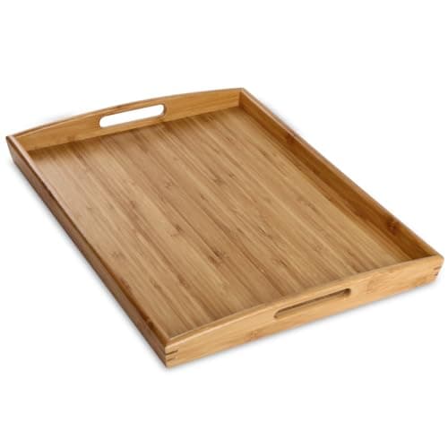 Joy&Grace Bamboo Serving Tray with Handles, Dinner Food Tray for Bed Breakfast Eating and Serving, for Coffee Table Ottoman TV, Decorative Wood Large Charcuterie Platter 16.8 x 12.5 inch 1 Pack