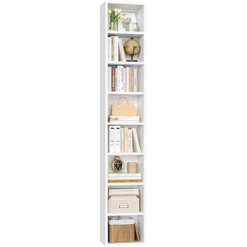 FOTOSOK White Bookshelf 8-Tier Media Tower Rack, 11.6 X 9.3 X 70.9 Inches CD DVD Slim Storage Cabinet with Adjustable Shelves, Tall Narrow Bookcase Display Bookshelf for Home Office, White