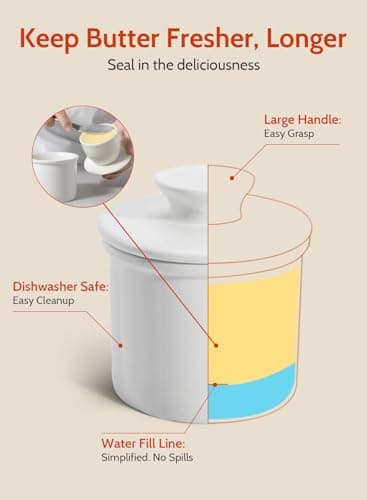 Sweese French Butter Dish - Butter Crock for Counter with Water Line for Fresh Spreadable Butter - French Butter Keeper with Lid - Housewarming Gift For The One Who Has It All - White 5