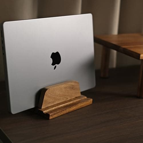 Acacia Wood Vertical Laptop Stand for Desk- Adjustable Slot (0.7" to 1.2") - Heavy Duty Desk Organizer for Laptops, Tablets, and Phones - Quick Assembly with Non-Slip Silicone Mats 6