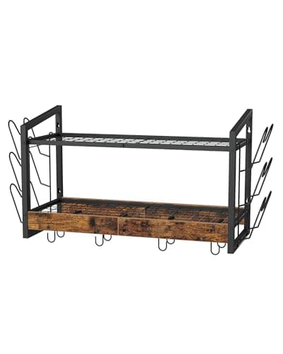 CHOEZON Hanging Pot Rack, Pot Rack Wall Mounted, 2-Tier Kitchen Pot and Lid Organizer, Wall-Mounted Pot Rack with 12 Hooks, for Kitchen Storage of Pots, Pans, Utensils, Rustic Brown TPR02BF 9