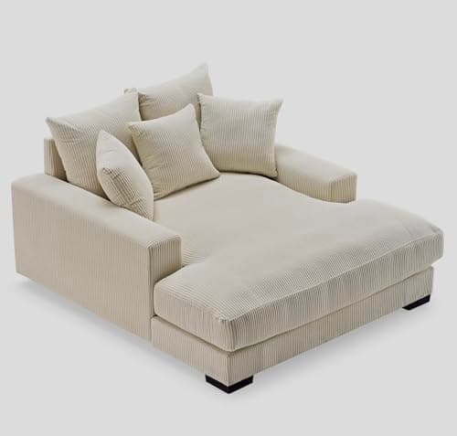 Container Furniture Direct Luxe Upholstered Chaise Lounge Sofa in Soft Corduroy Fabric with Removable Cushions, Oversized Chair for Relaxing in Living Room or Bedroom, 55.1" Wide, Beige 5