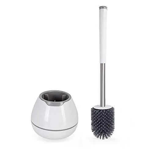 BOOMJOY Toilet Brush and Holder Set, Silicone Toilet Bowl Cleaner Brush, Bathroom Cleaning Bowl Kit with Tweezers, Bathroom Accessories with Aluminum Handle - White
