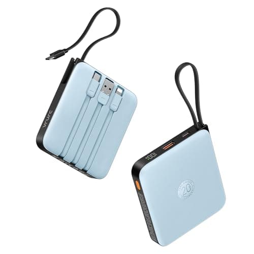 VRURC 10000mAh Portable Charger for iPhone with Built-in Cables, PD 20W Fast Charging Power Bank, Battery Pack for iPhone 17 16 15 14 13 Samsung Galaxy S25 S24 Series Android, Blue(1 Pack)