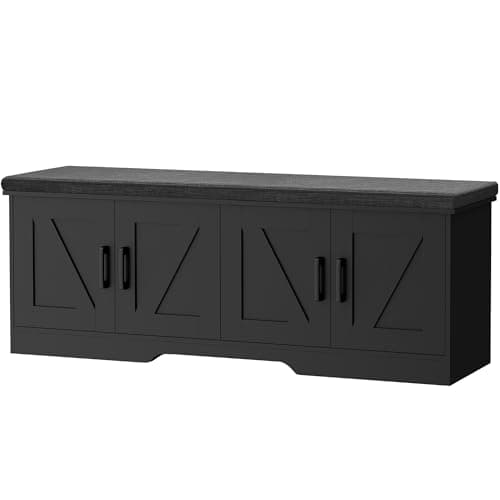 HOMSHO 2-Tier Storage Bench, 47.2" Wide Shoe Bench with Padded Seat Cushion, Entryway Bench with 4 Barn Doors and Adjustable Shelf, Black