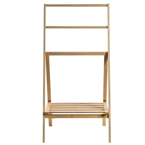 MyGift 3 Tier Free Standing Towel Rack for Bathroom, Pool Outdoor, Foldable Blanket Ladder with Storage Shelf, 43" H Bath Towel Holder Organizer Drying Rack, Light Brown Solid Bamboo Quilt Rack 7