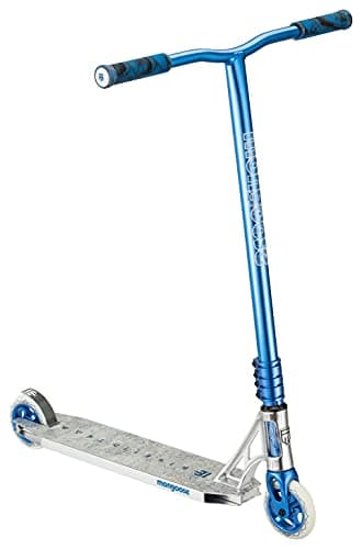 Mongoose Rise 110 Team Freestyle Stunt Trick Scooter, Lightweight Alloy Deck & Heavy-Duty Frame Up to 220 lbs., Bike-Style Grip, High Impact 110mm Wheels, Silver/Blue