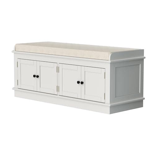 MODCART 42.7″ Storage Bench w/4 Doors and Adjustable Shelves,ShoeBench w/Removable Cushion & Seating for Entryway Living Room Hallway Bedroom,White 5