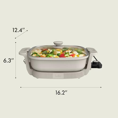 bella Make & Take Electric Skillet, Fits-anywhere™ kitchenware, EverGood™ Ceramic Coating, Adjustable Temperature & Dishwasher-Safe Tempered Glass Lid, Cast Aluminum Base, 1200 Watt, Oatmilk 8