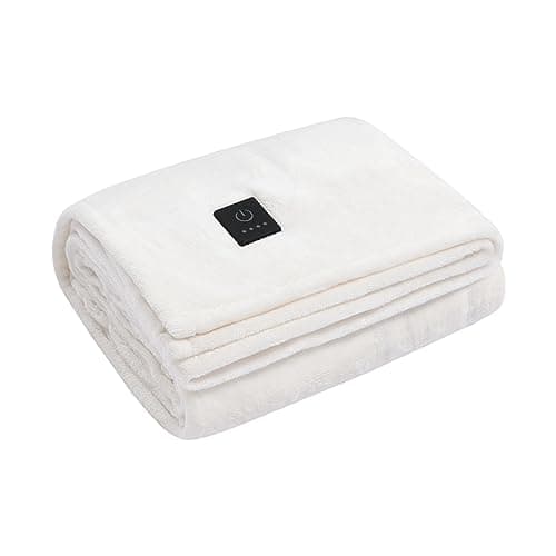 Dreamaker One-Touch Fleece Electric Heated Throw Blanket, 50x60 inches - Cozy, Machine Washable, with 4 Adjustable Heat Settings & Built-in Remote - Ultimate Comfort for Cold Nights - Off White