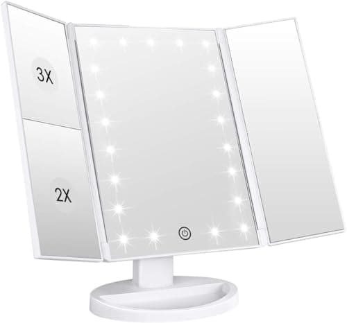 WEILY Makeup Vanity Mirror with 21 LED Lights and Touch Screen, Tri-Fold 1x 2X 3X Magnification,180° Adjustable Rotationand USB Powered,Countertop Cosmetic Makeup Mirror (White)