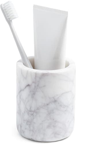 Cork & Mill Marble Toothbrush Holder Cup for Bathroom, Real White Marble Stone Bathroom Accessory, Aesthetic Decorative Countertop Organizer for Tooth Brush & Toothpaste