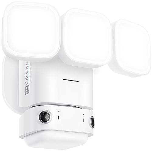 winees Floodlight Camera, Wired 2K HD Dual-Lens Outdoor Security Camera, 180 Degree Panoramic Motion Detection, 3000 Lumens, Color Night Vision, 110dB Siren, 2-Way Audio (White)