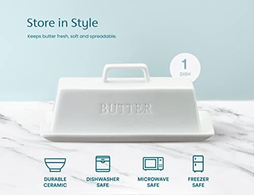 Butter Dish with Lid for Countertop, by Kook, Ceramic Dish Tray with Cover, Kitchen Keeper, Container, Holder (White) 5