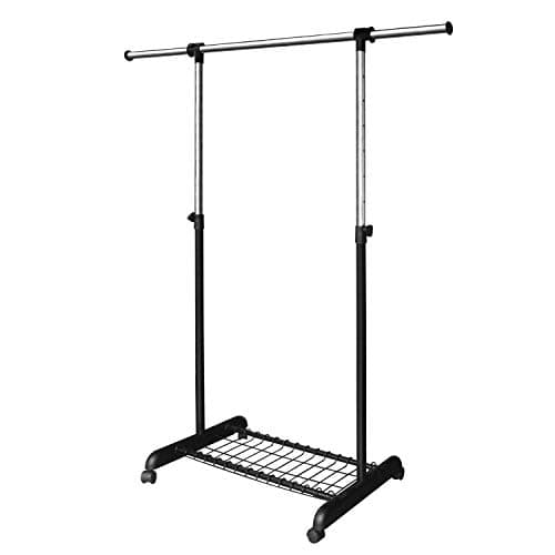 LiaMeE Adjustable Clothing Rack for Hanging Clothes, Heavy Duty Garment Rack with Wheels,Free Standing Rolling Clothes Rack with Shelf & Grid, Easy Assembly Standard Rod, Black & Chrome