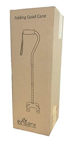Ez2care Adjustable Folding Quad Cane for Right or Left Hand Use, Lightweight, Self Standing Small Base Walking Stick for Travel and Storage, Four Prongs Collapsible Cane, Metallic Grey 10