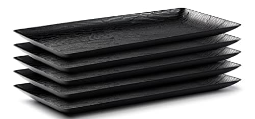 Posh Setting - Rectangular Wood Pattern Platter & Black Plastic Tray, Stackable & Disposable Party Platters, 5 Pack - 17x9