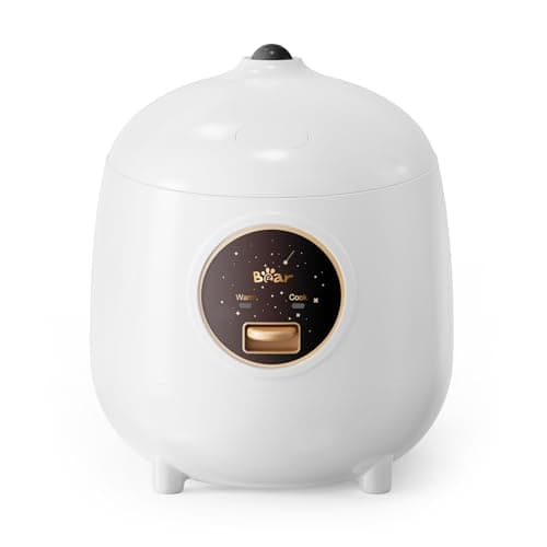 Bear Mini Rice Cooker 2 Cups Uncooked, 1.2L Portable Non-Stick Small Travel Rice Cooker, BPA Free, One Button to Cook and Keep Warm Function, White