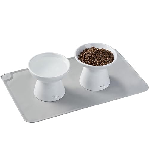 Seyatoo Ceramic Elevated Cat Bowls, 2 Pack Raised Cats Food Bowl Set with Anti-Slip Silicone Mat, Whisker Friendly Wide Cat Dish Elevated, White