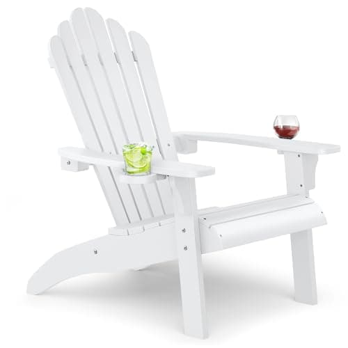 Upstreman Home Plastic Adirondack Chair Outdoor, Outdoor Fire Pit Chair with Cup Holder, Adirondack Patio Chair Weather Resistant for Outside, Porch, Lawn, Garden- A1, White